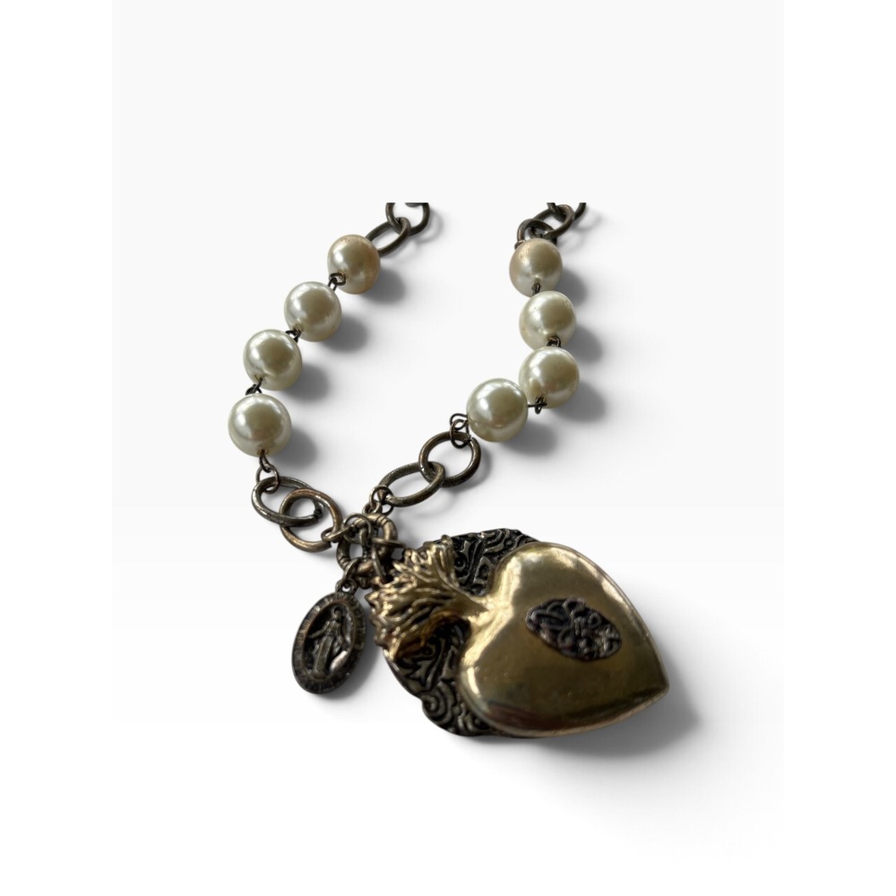 Vintage 90s Sacred Heart Necklace Silver Pearl Religious Gothic Flaming Heart